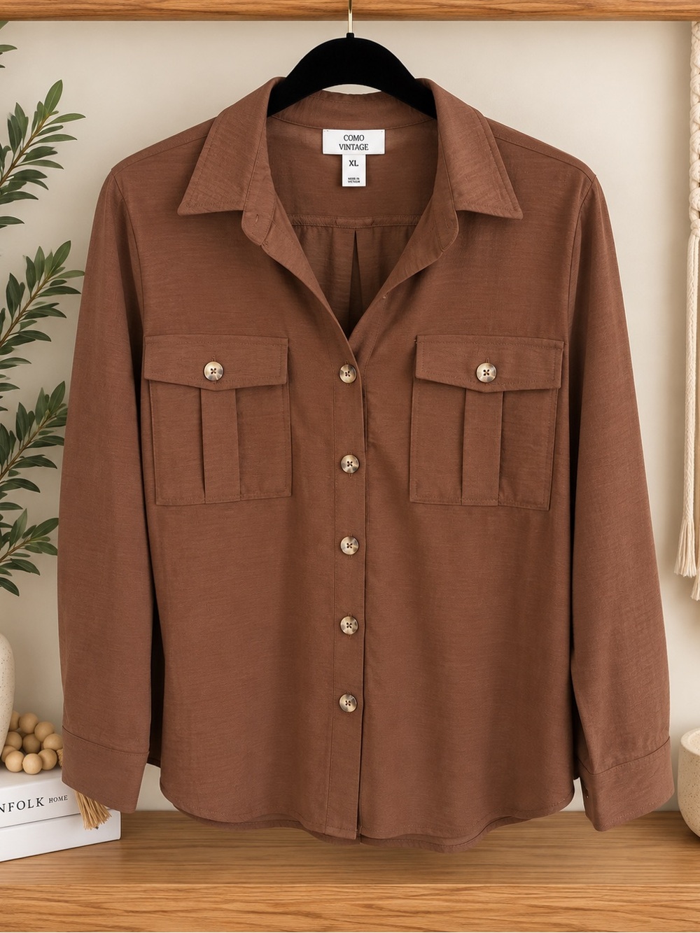 Como Vintage Brown Casual Button-Down Shirt with Chest Pockets